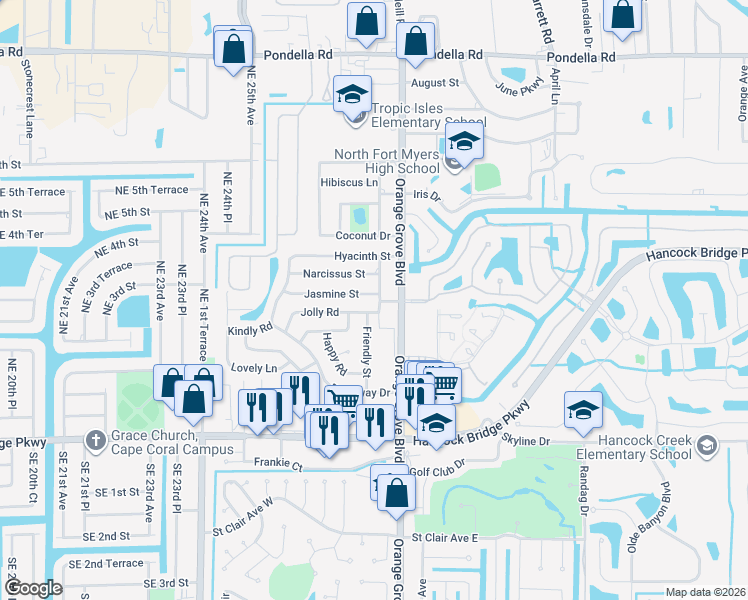 map of restaurants, bars, coffee shops, grocery stores, and more near 853 Java Plum Avenue in North Fort Myers