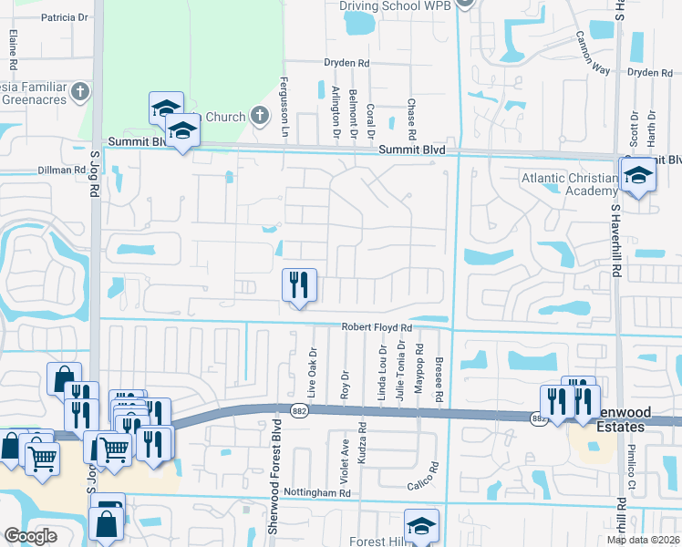 map of restaurants, bars, coffee shops, grocery stores, and more near 5599 Dewberry Way in West Palm Beach