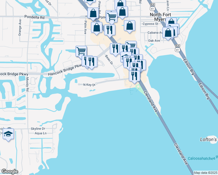 map of restaurants, bars, coffee shops, grocery stores, and more near 3374 North Key Drive in North Fort Myers
