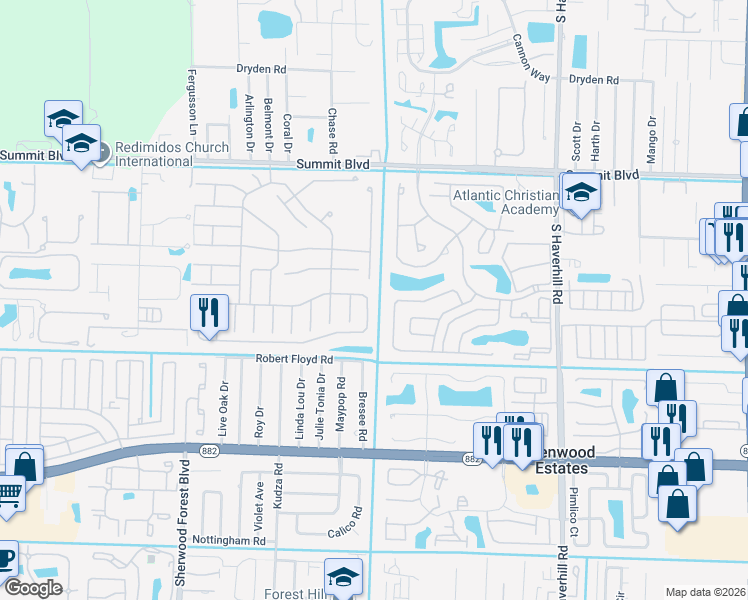 map of restaurants, bars, coffee shops, grocery stores, and more near 5572 Azalea Circle in West Palm Beach