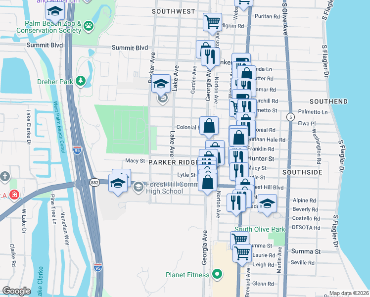 map of restaurants, bars, coffee shops, grocery stores, and more near 710 Franklin Road in West Palm Beach