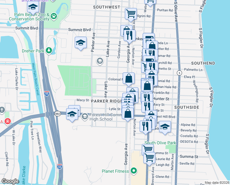 map of restaurants, bars, coffee shops, grocery stores, and more near 710 Franklin Road in West Palm Beach