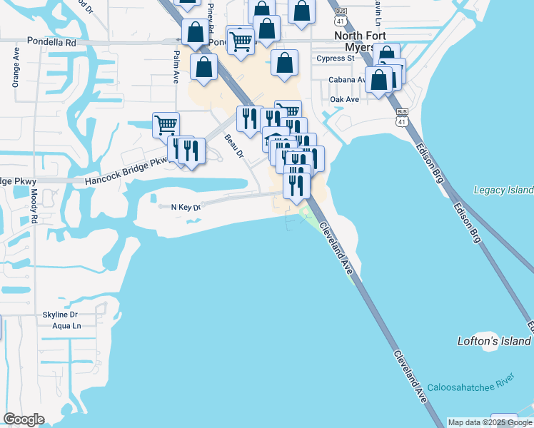 map of restaurants, bars, coffee shops, grocery stores, and more near 3300 North Key Drive in North Fort Myers