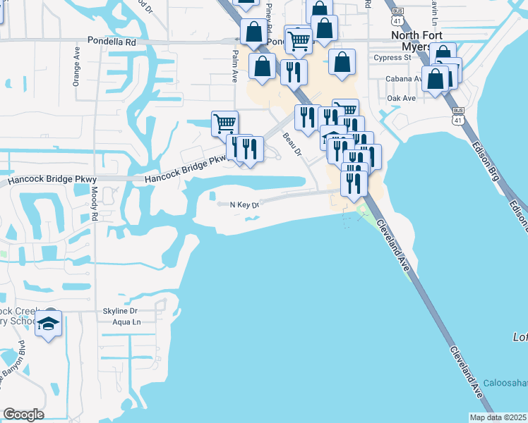 map of restaurants, bars, coffee shops, grocery stores, and more near 3460 North Key Drive in North Fort Myers
