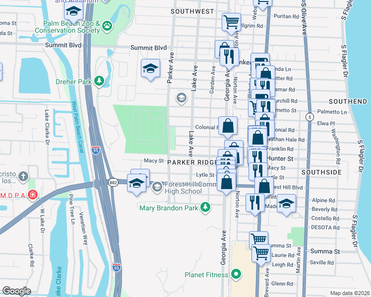 map of restaurants, bars, coffee shops, grocery stores, and more near 810 Franklin Road in West Palm Beach