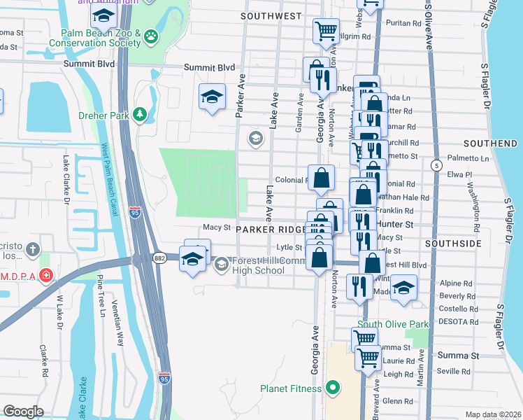map of restaurants, bars, coffee shops, grocery stores, and more near 810 Franklin Road in West Palm Beach
