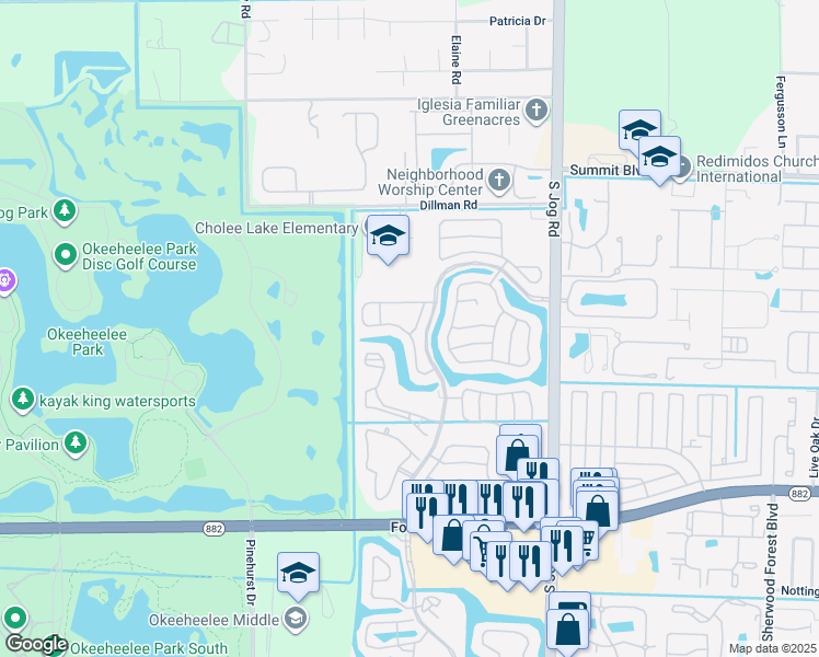 map of restaurants, bars, coffee shops, grocery stores, and more near 1329 Fishers Place in Greenacres