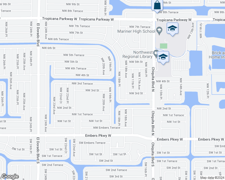 map of restaurants, bars, coffee shops, grocery stores, and more near 303 Northwest 19th Place in Cape Coral