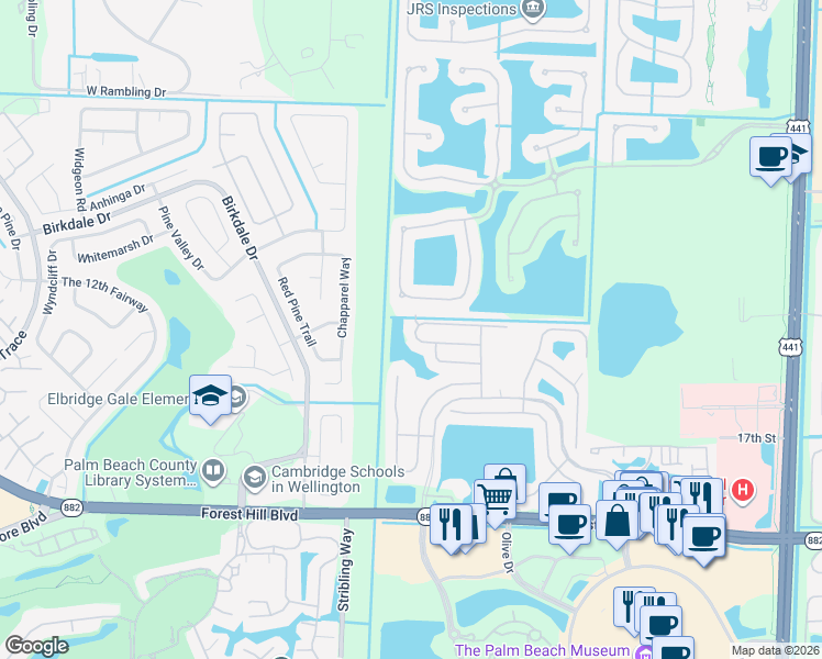 map of restaurants, bars, coffee shops, grocery stores, and more near 10805 Oak Bend Way in Wellington