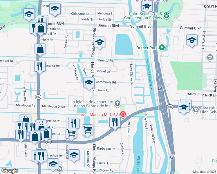 map of restaurants, bars, coffee shops, grocery stores, and more near 6424 Travis Road in West Palm Beach