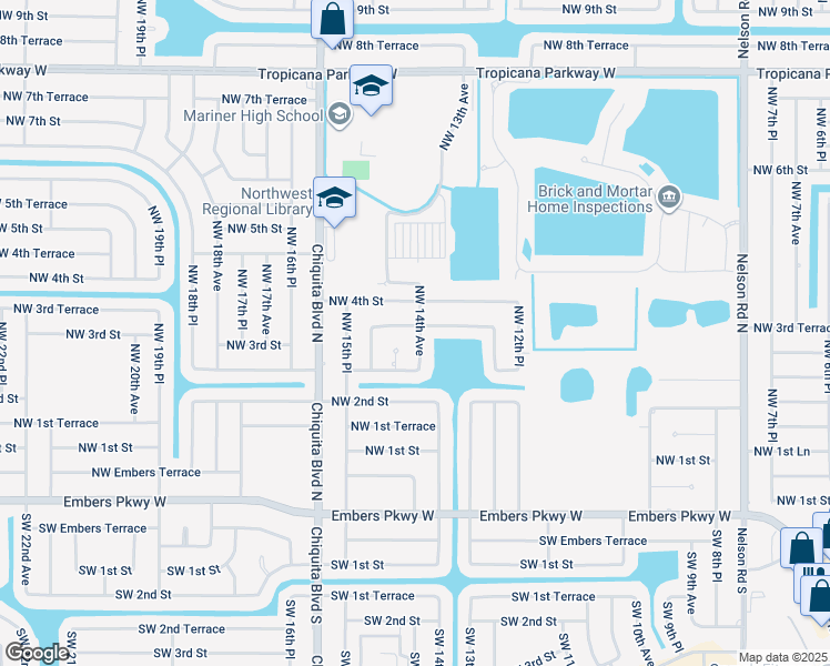 map of restaurants, bars, coffee shops, grocery stores, and more near 1400 Northwest 3rd Terrace in Cape Coral