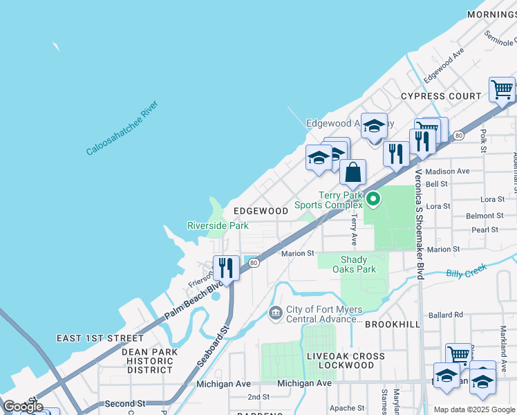 map of restaurants, bars, coffee shops, grocery stores, and more near 3168 East Riverside Drive in Fort Myers