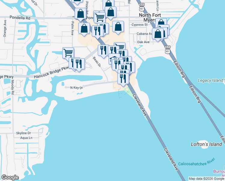 map of restaurants, bars, coffee shops, grocery stores, and more near 3328 North Key Drive in North Fort Myers