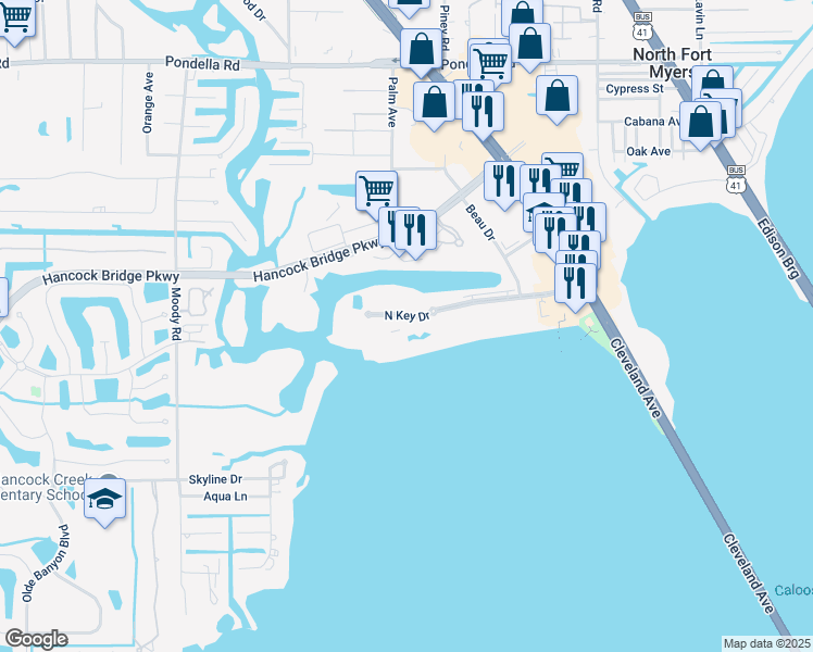 map of restaurants, bars, coffee shops, grocery stores, and more near 3480 North Key Drive in North Fort Myers