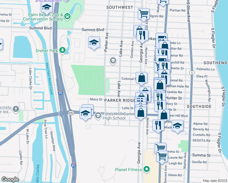 map of restaurants, bars, coffee shops, grocery stores, and more near 810 Franklin Road in West Palm Beach