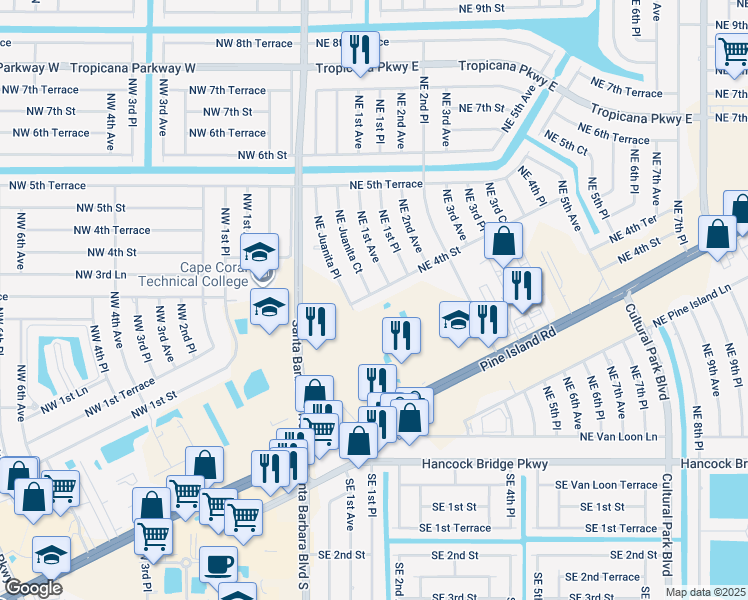 map of restaurants, bars, coffee shops, grocery stores, and more near 407 Northeast Juanita Place in Cape Coral