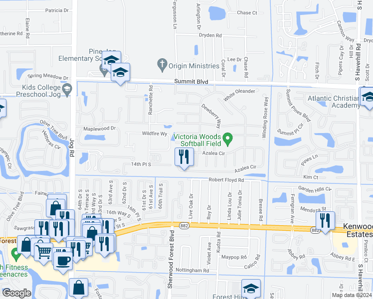 map of restaurants, bars, coffee shops, grocery stores, and more near 6172 Azalea Circle in West Palm Beach