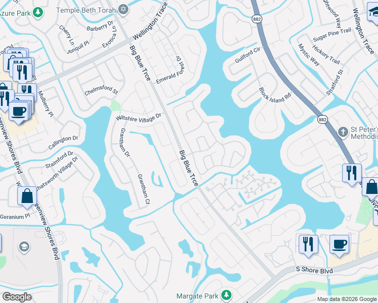 map of restaurants, bars, coffee shops, grocery stores, and more near 13001 Meadowbreeze Drive in Wellington