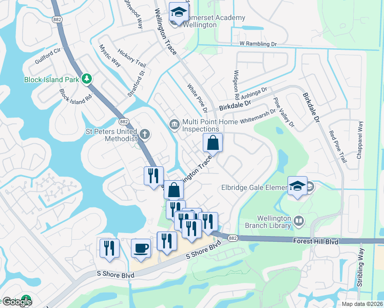 map of restaurants, bars, coffee shops, grocery stores, and more near 1540 Shaker Circle in Wellington