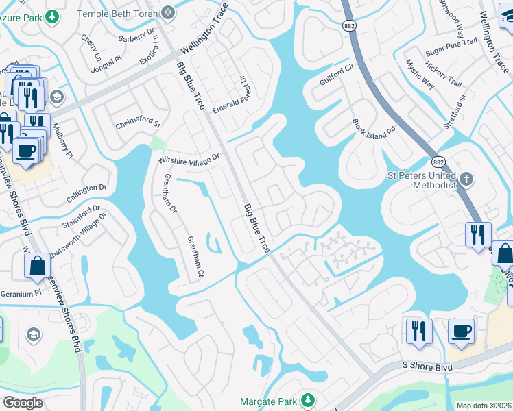 map of restaurants, bars, coffee shops, grocery stores, and more near 13000 Meadowbreeze Drive in Wellington