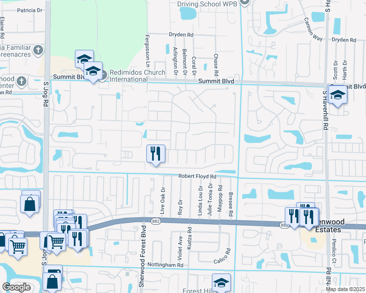 map of restaurants, bars, coffee shops, grocery stores, and more near 1349 Strawberry Lane in West Palm Beach