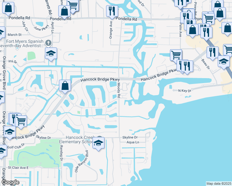 map of restaurants, bars, coffee shops, grocery stores, and more near 3260 Lee Way Court in North Fort Myers