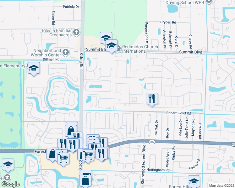 map of restaurants, bars, coffee shops, grocery stores, and more near 1062 Pinewood Lake Court in Greenacres