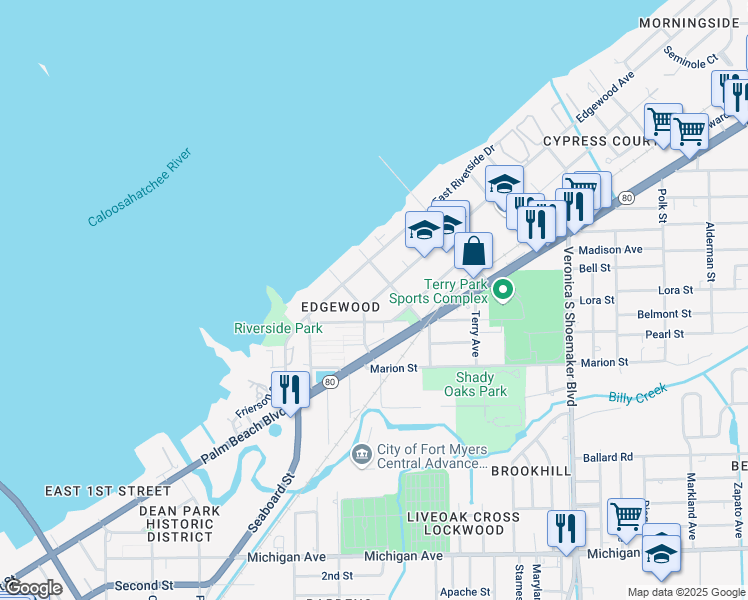 map of restaurants, bars, coffee shops, grocery stores, and more near 3215 Edgewood Avenue in Fort Myers