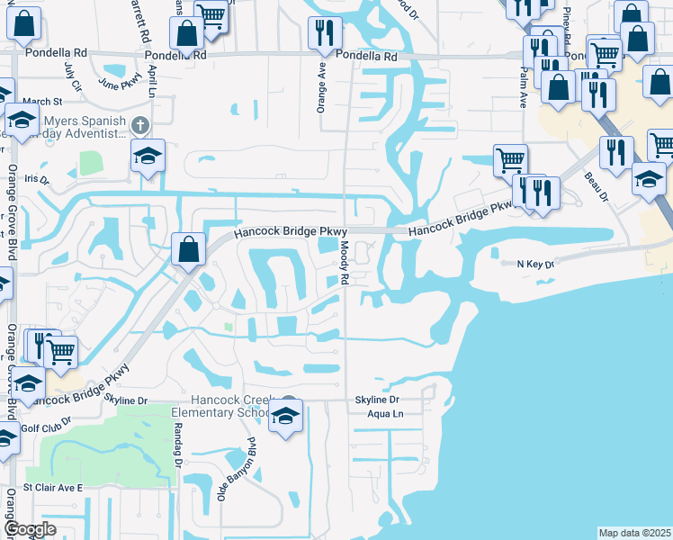 map of restaurants, bars, coffee shops, grocery stores, and more near 3260 Lee Way Court in North Fort Myers