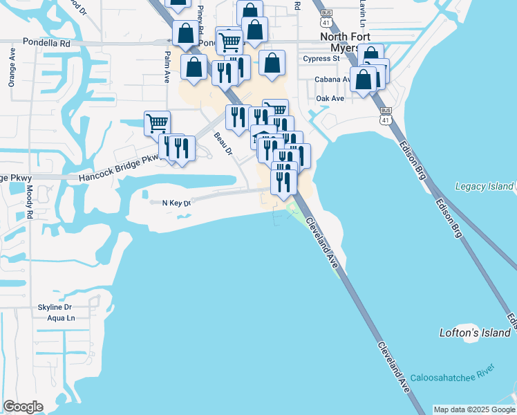 map of restaurants, bars, coffee shops, grocery stores, and more near 3328 North Key Drive in North Fort Myers