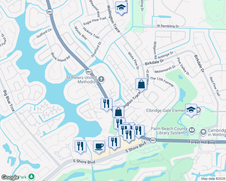 map of restaurants, bars, coffee shops, grocery stores, and more near 12136 Regal Court East in Wellington