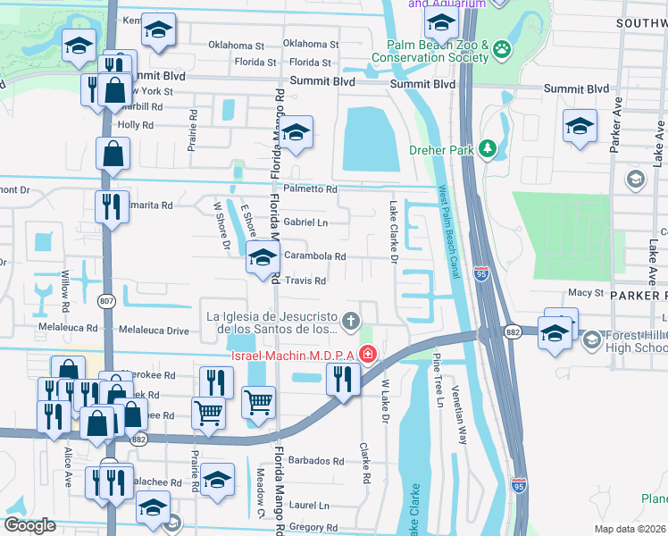 map of restaurants, bars, coffee shops, grocery stores, and more near 6424 Travis Road in West Palm Beach