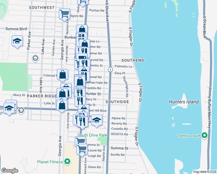 map of restaurants, bars, coffee shops, grocery stores, and more near 301 Franklin Road in West Palm Beach
