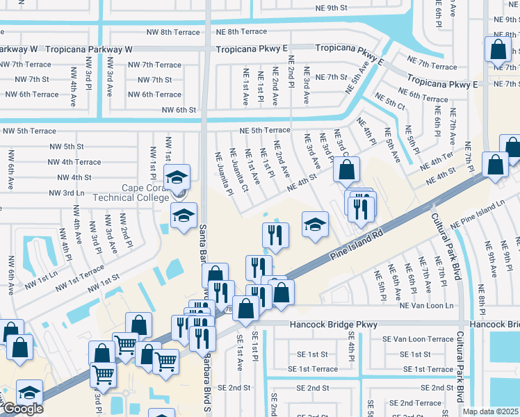 map of restaurants, bars, coffee shops, grocery stores, and more near 60 Northeast 4th Street in Cape Coral