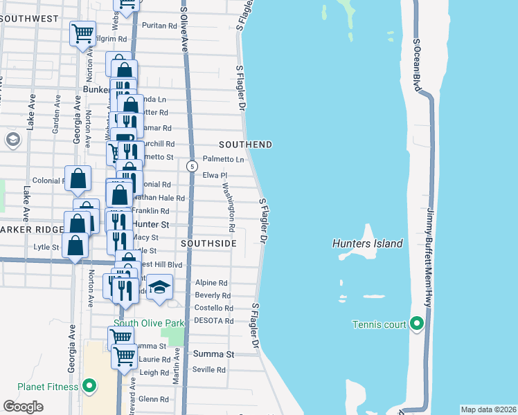 map of restaurants, bars, coffee shops, grocery stores, and more near 108 Bloomfield Drive in West Palm Beach