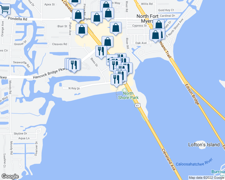 map of restaurants, bars, coffee shops, grocery stores, and more near 3300 North Key Drive in North Fort Myers