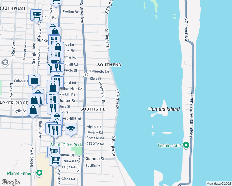 map of restaurants, bars, coffee shops, grocery stores, and more near 108 Bloomfield Drive in West Palm Beach