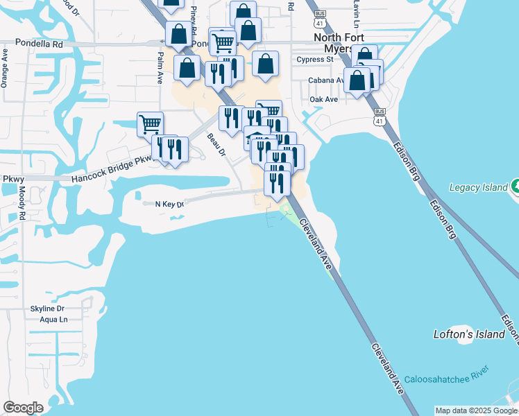 map of restaurants, bars, coffee shops, grocery stores, and more near 3300 North Key Drive in North Fort Myers