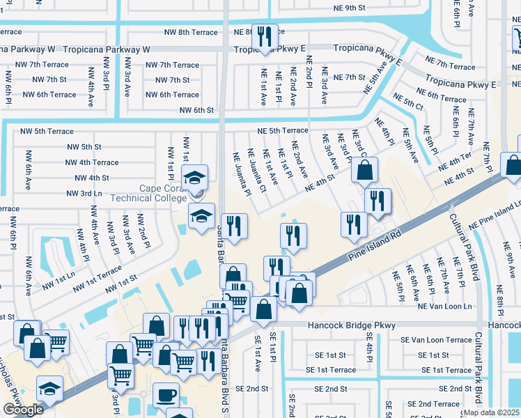 map of restaurants, bars, coffee shops, grocery stores, and more near 407 Northeast Juanita Place in Cape Coral