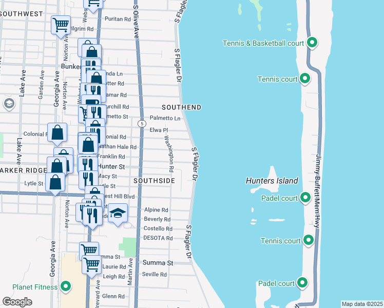 map of restaurants, bars, coffee shops, grocery stores, and more near 6315 South Flagler Drive in West Palm Beach