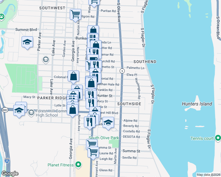map of restaurants, bars, coffee shops, grocery stores, and more near 335 Franklin Road in West Palm Beach