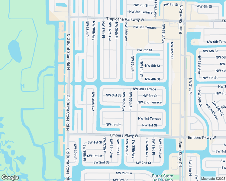 map of restaurants, bars, coffee shops, grocery stores, and more near 3620 Northwest 3rd Terrace in Cape Coral