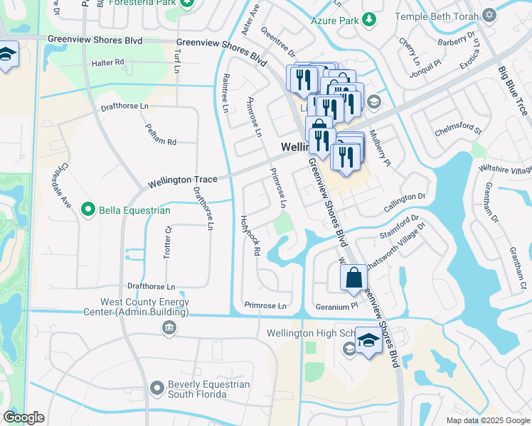map of restaurants, bars, coffee shops, grocery stores, and more near 1590 Firethorn Drive in Wellington
