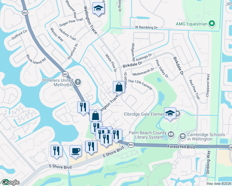 map of restaurants, bars, coffee shops, grocery stores, and more near 11871 Sturbridge Lane in Wellington