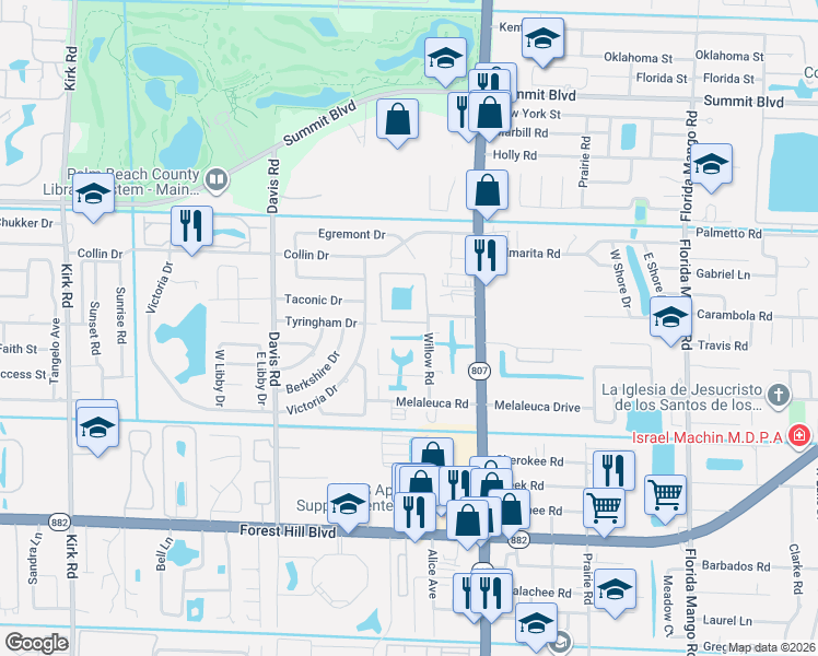 map of restaurants, bars, coffee shops, grocery stores, and more near 3166 Riddle Road in West Palm Beach