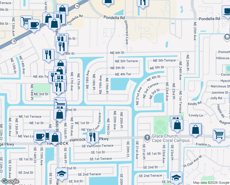 map of restaurants, bars, coffee shops, grocery stores, and more near 1927 Northeast 3rd Street in Cape Coral