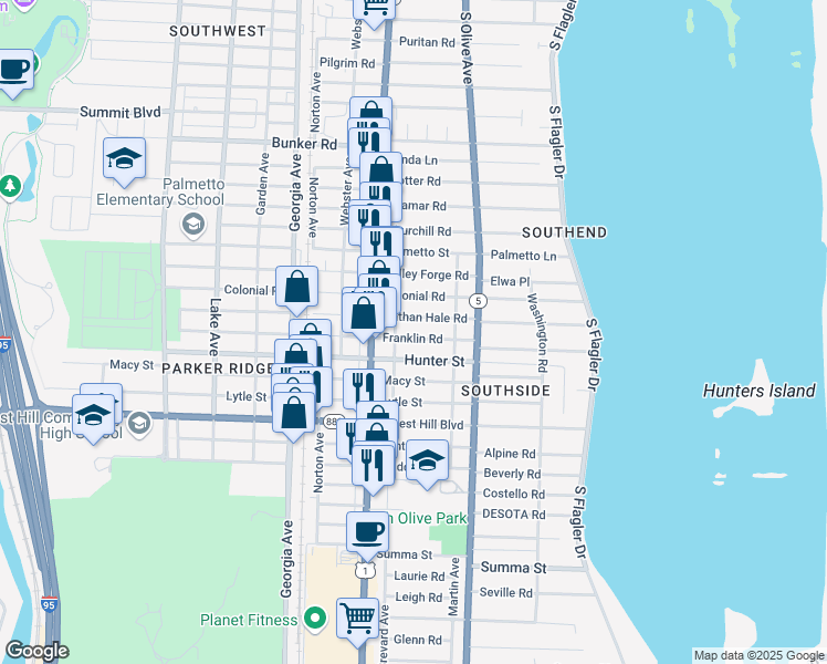 map of restaurants, bars, coffee shops, grocery stores, and more near 372 Franklin Road in West Palm Beach