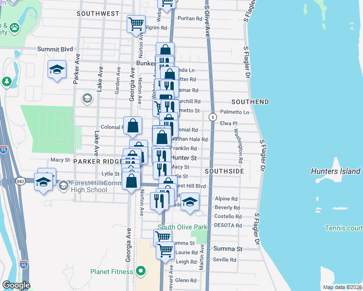 map of restaurants, bars, coffee shops, grocery stores, and more near 372 Franklin Road in West Palm Beach