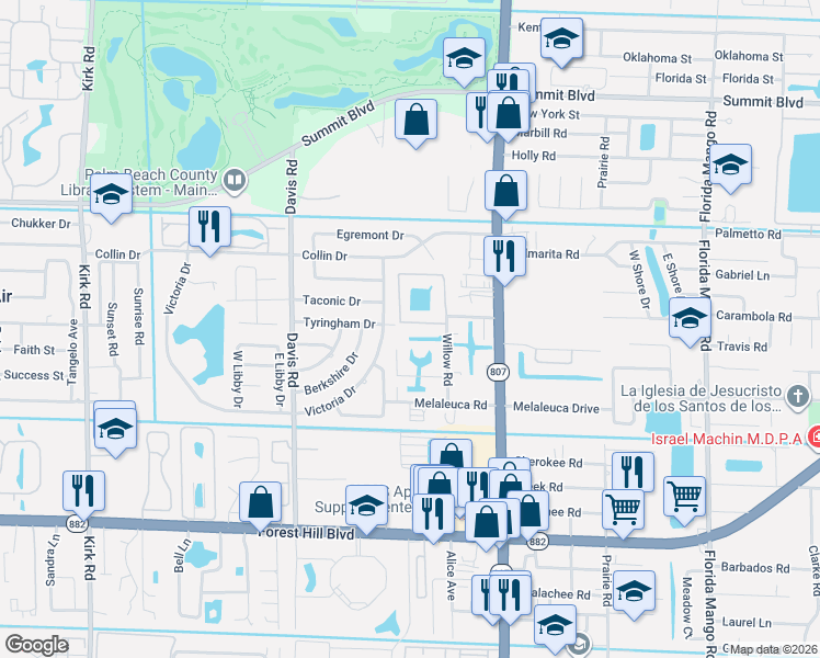 map of restaurants, bars, coffee shops, grocery stores, and more near 3166 Riddle Road in West Palm Beach