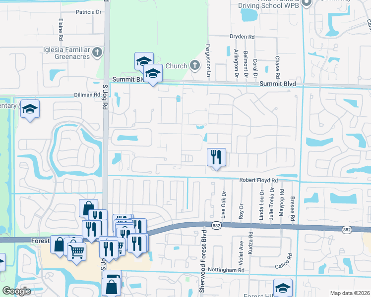 map of restaurants, bars, coffee shops, grocery stores, and more near 1321 Ranchette Road in West Palm Beach